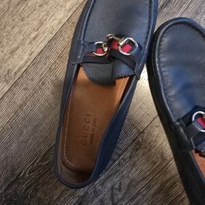 Gucci Navy Leather Horsebit Loafers with Red Web Accent